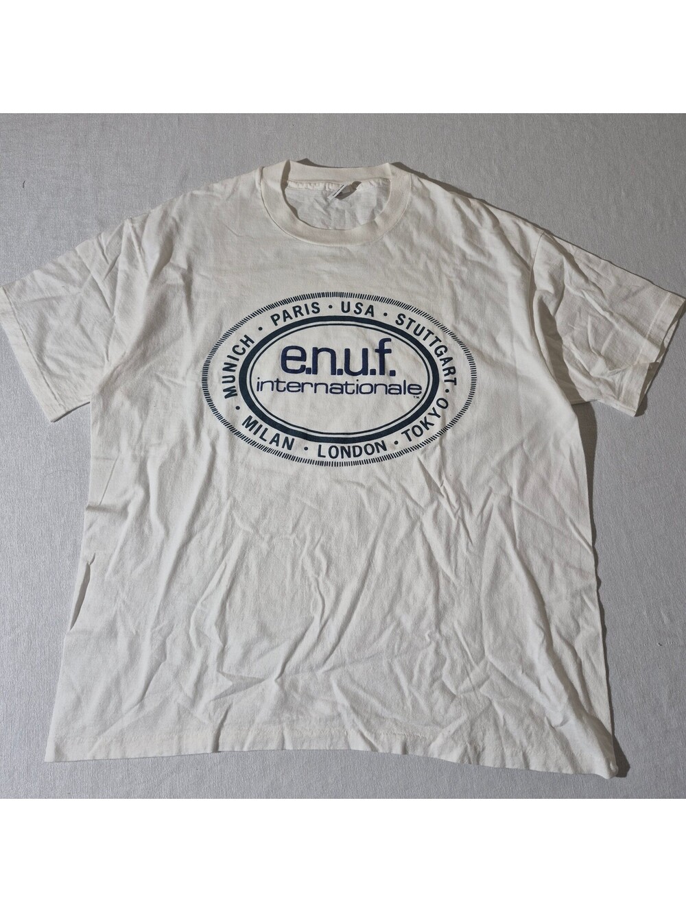 Vintage e.n.u.f. Internationale XL XLarge 80s 90s white graphic T-shirt